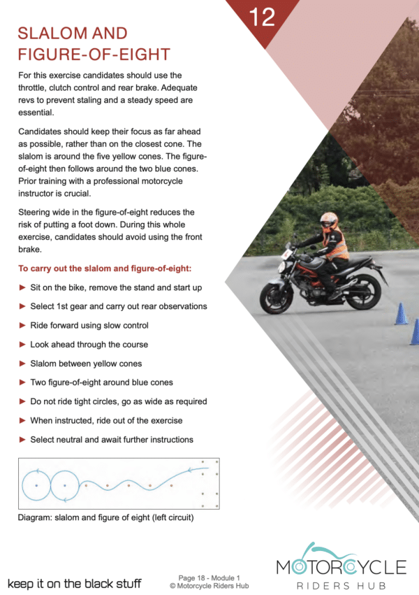 The slam and figure-of-eight (fig-of-8) exercise on the Module 1 Motorcycle Test. How to pass the Mod 1 test ebook.