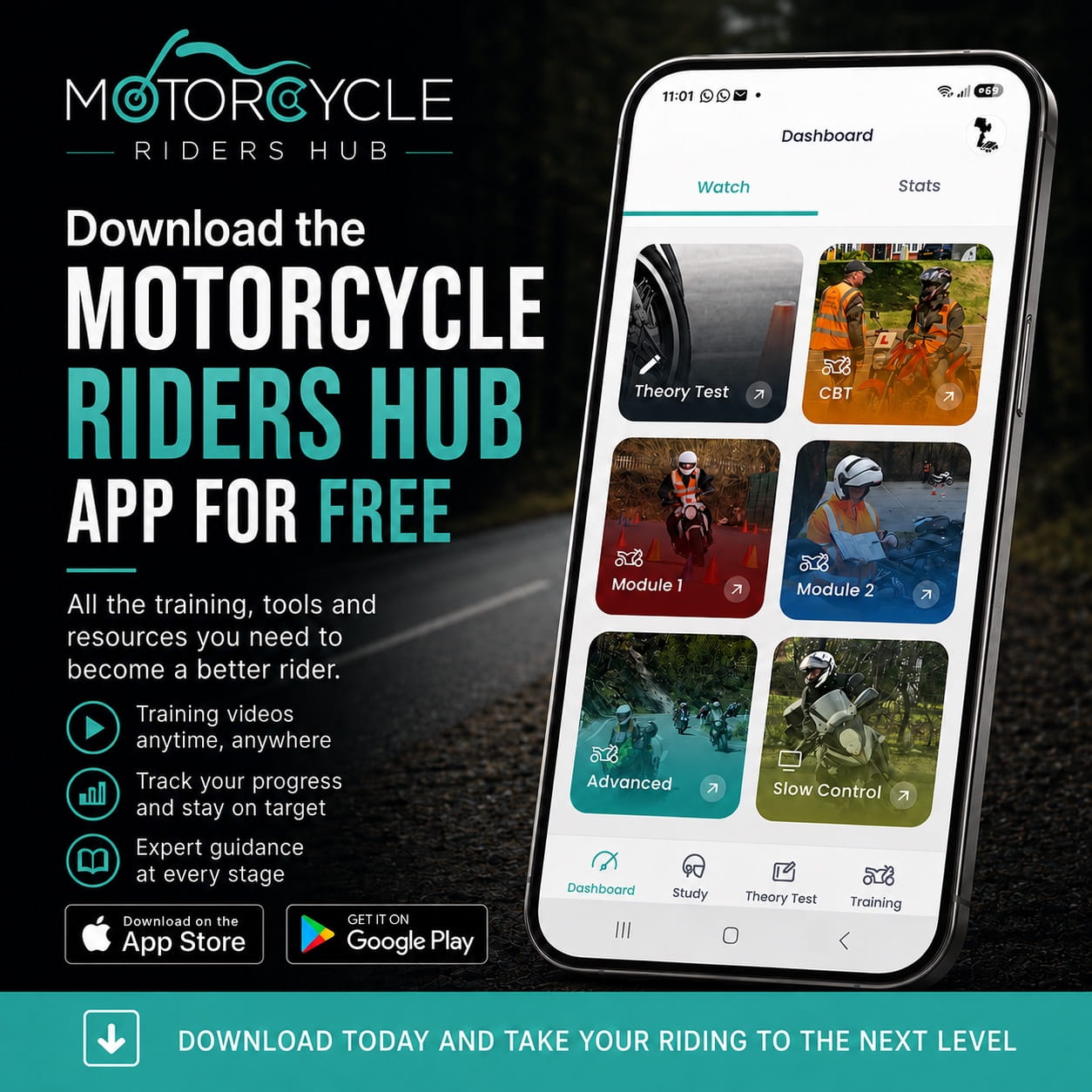 Promotional graphic for the Motorcycle Riders Hub app, showing a mobile phone displaying the app interface and text encouraging users to download the free app for training, tracking progress, and expert guidance in motorcycling.